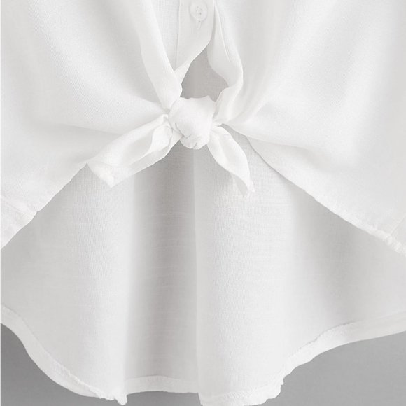 White Knotted Self-Tie Button-Front Shirt - Picture 4 of 5